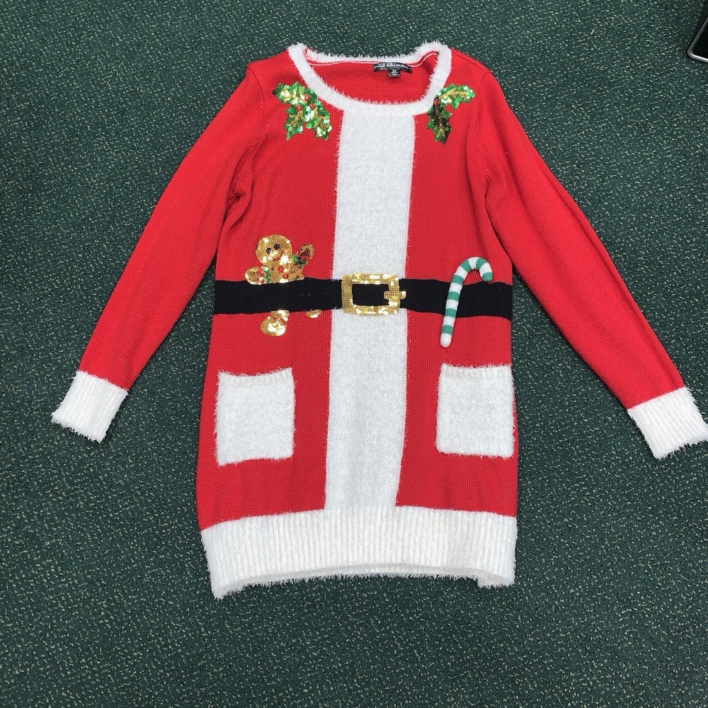 Womens SANTA CLAUS Sequin Mrs Claus Ugly Christmas Sweater Party XL